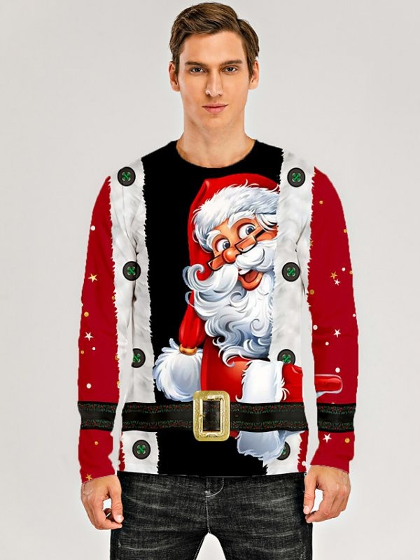 imgi_3_27e3819205c482f7459794fb4a432d06 Men's 3D Graphic T-Shirt Print Long Sleeve Christmas Tops Round Neck Black/Red - Image 1